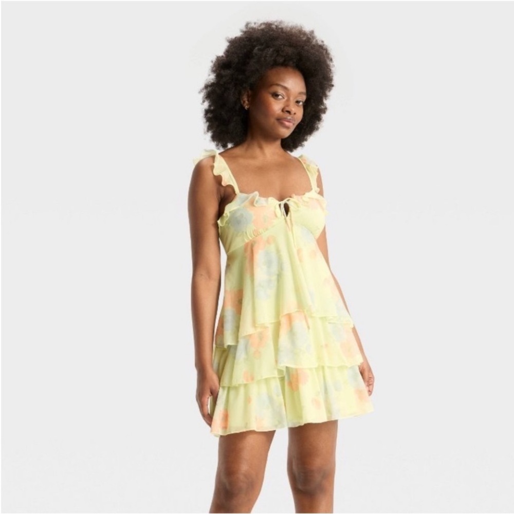 Knit  Chiffon Tiered Ruffle Sleeve Mini A-Line Dress Wild Fable L Yellow Floral